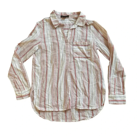 Sanctuary Striped Shirt Beige Coral Top Blouse Long Sleeve Collar Linen Cotton S - Picture 1 of 10